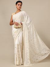 Ivory Georgette Saree with Gold Sequins - House of Surya